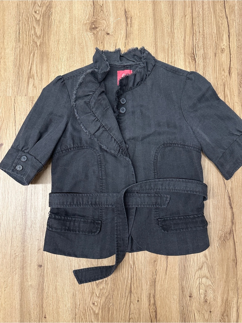 Lux Black Short-Sleeve Ruffle-Band Waist Blazer